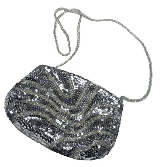 Vintage Carla Marchi Silver Sequin Evening Purse Crossbody Bag - Picture 9 of 11